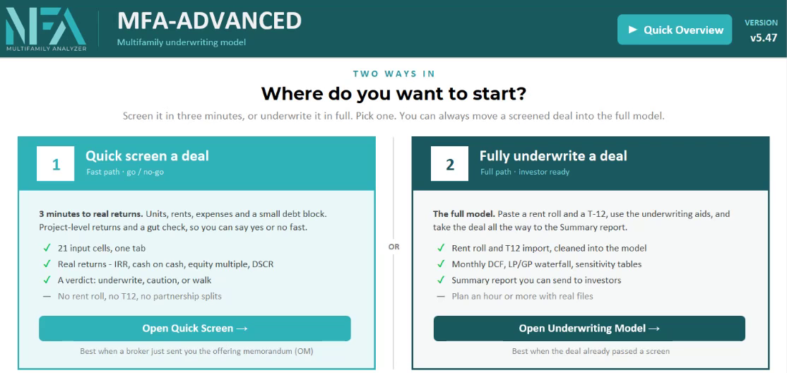 The new Start tab with two ways into a deal