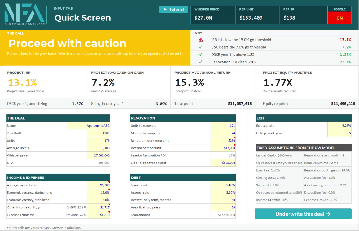 The Quick Screen tab with its verdict and returns