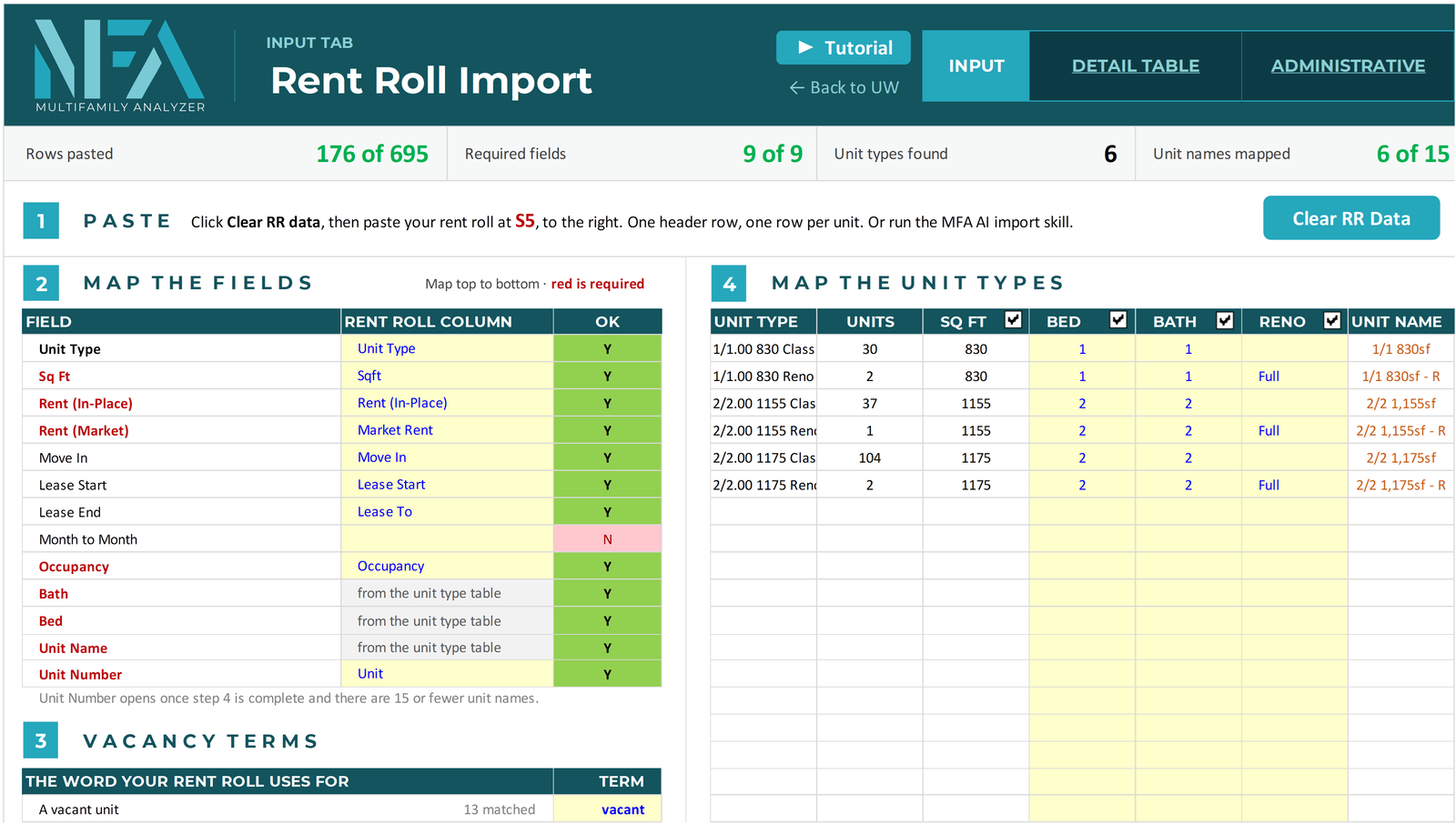 The rebuilt rent roll mapping tab