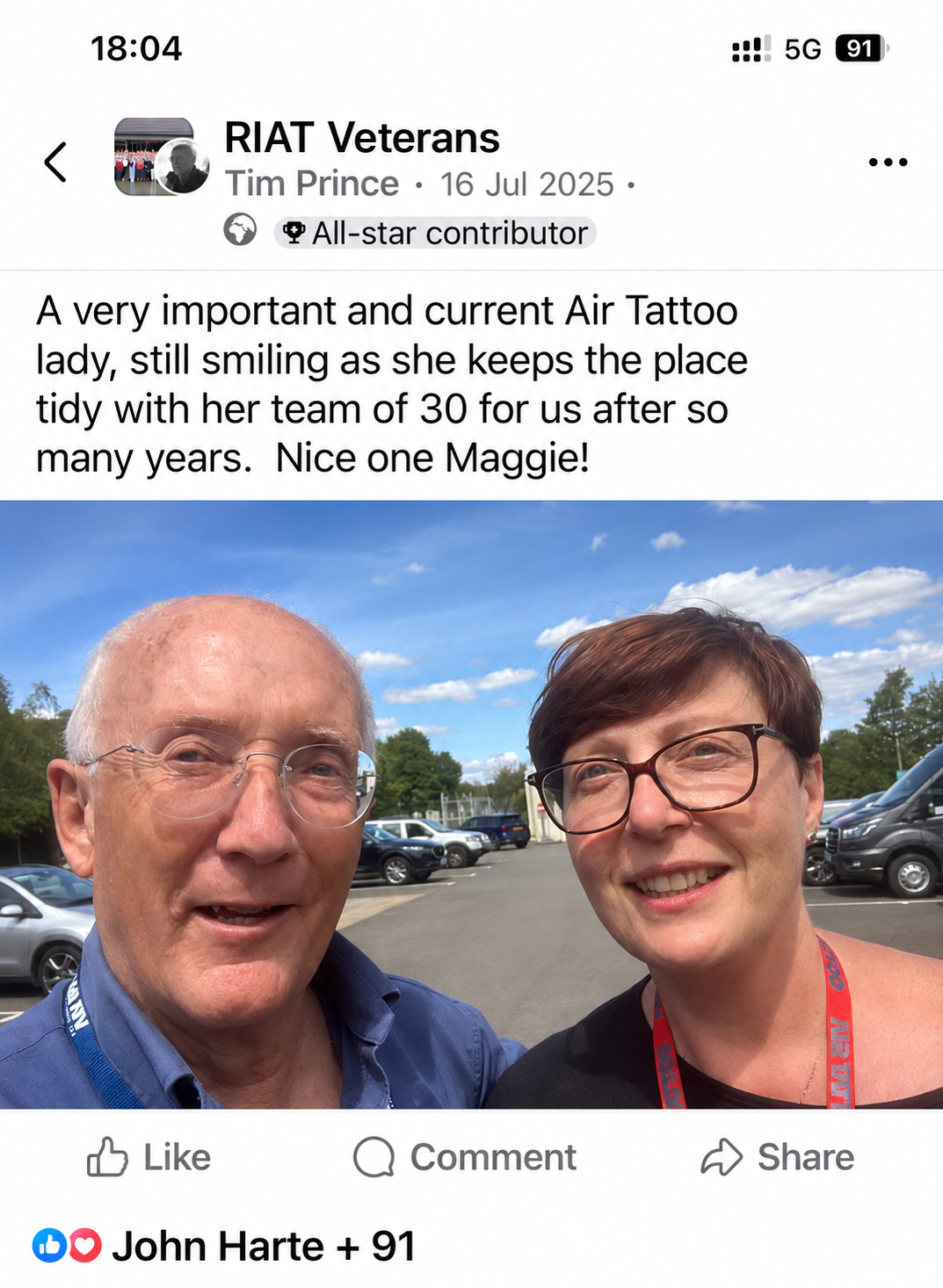 Social media post praising Maggie and her team at the Air Tattoo, including the likes line John Harte + 91