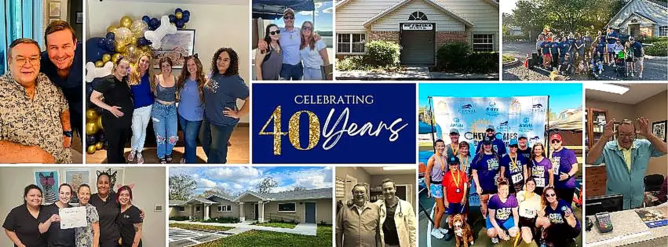 A montage of Gregory Veterinary Clinic moments — staff, doctors, the clinic, and community events — celebrating 40 years of care in Tampa