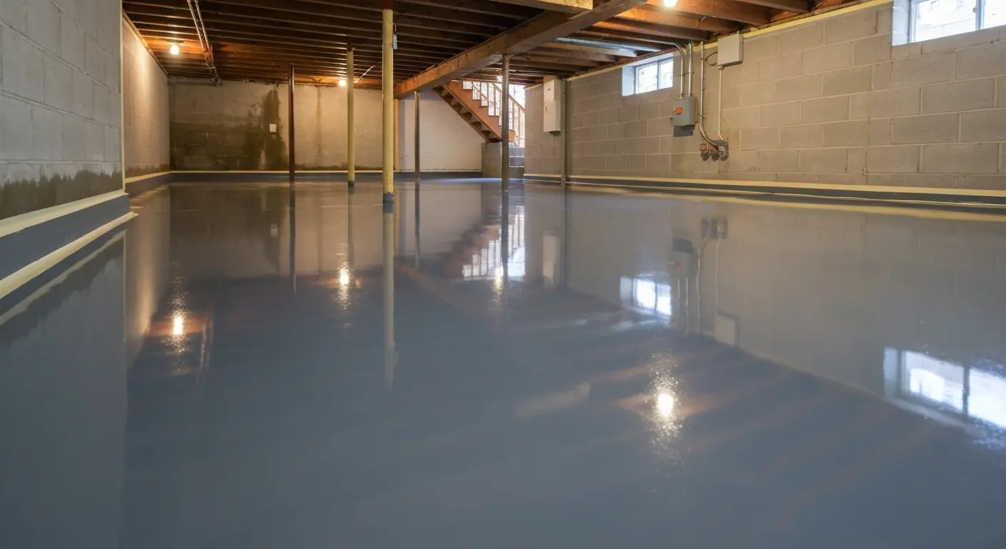 Basement epoxy flooring renovation near Flushing Meadows