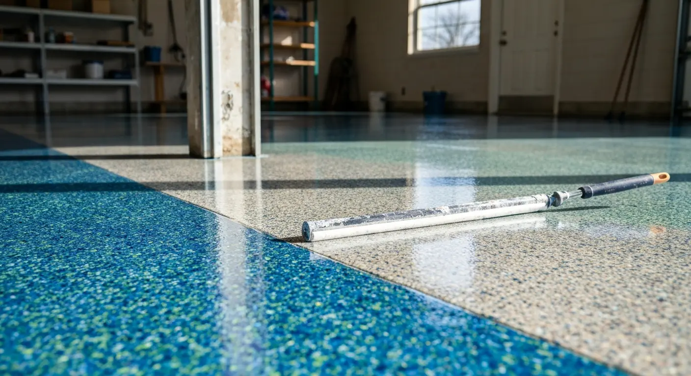 Decorative epoxy flooring with color flakes