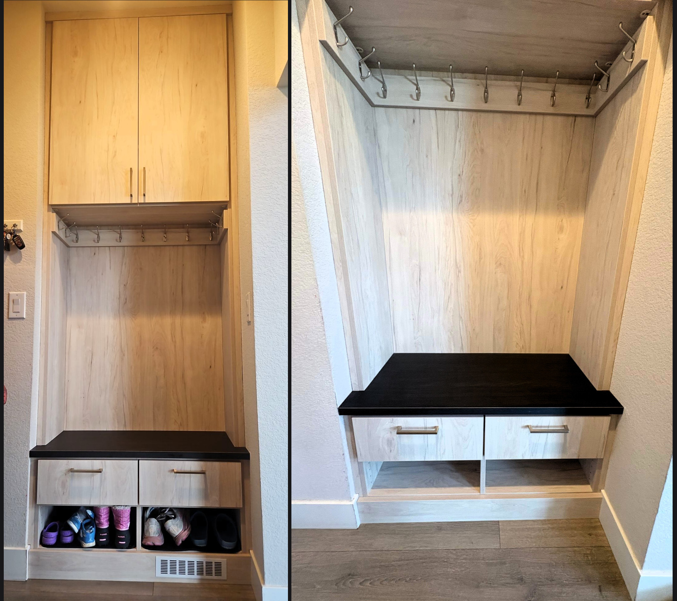 Entryway nook that complements the flooring in Thornton Colorado