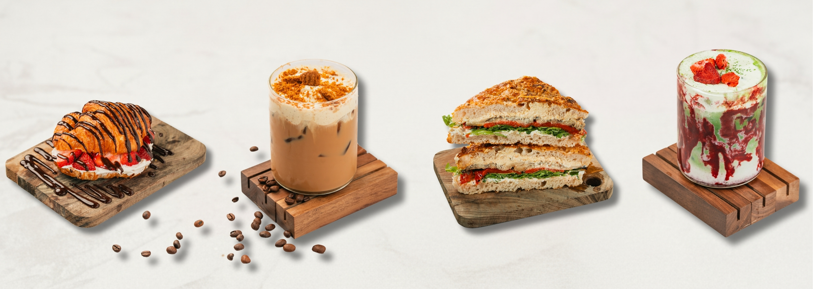 nutella croissant, iced latte, hot sandwich, strawberry matcha