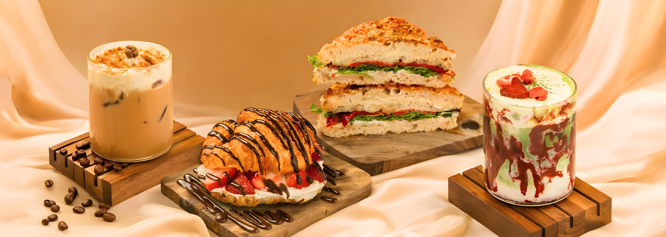 nutella croissant, iced latte, hot sandwich, strawberry matcha