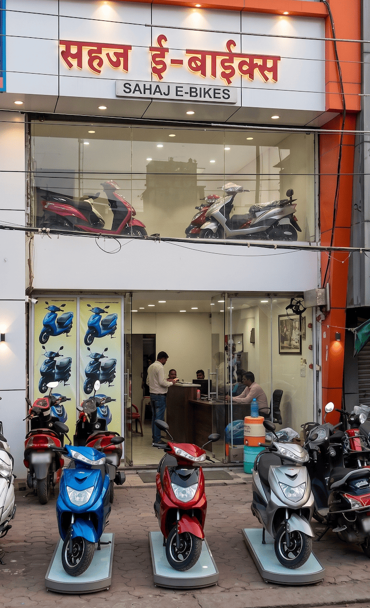 Sahaj E-Bikes and Spares showroom exterior on BK Sindhi Colony Main Road, Indore