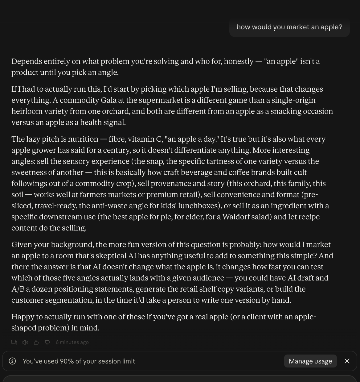 Claude answering how it would market an apple, a general essay on positioning angles