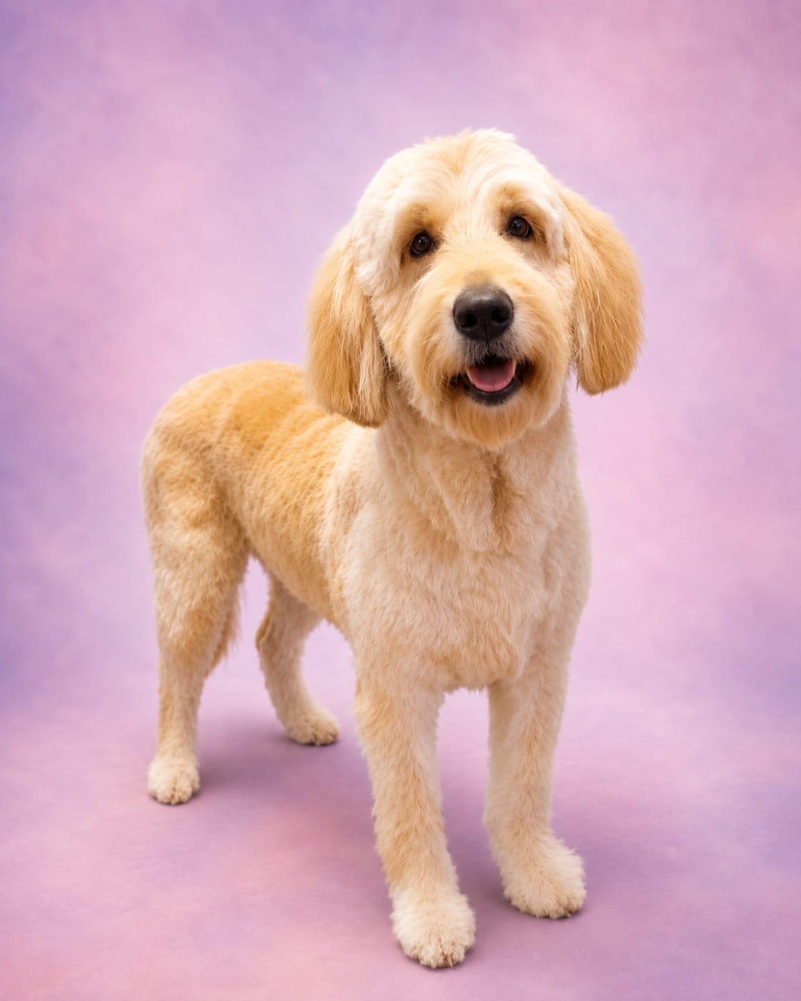 Light-colored dog after grooming at Julie's Groom Room