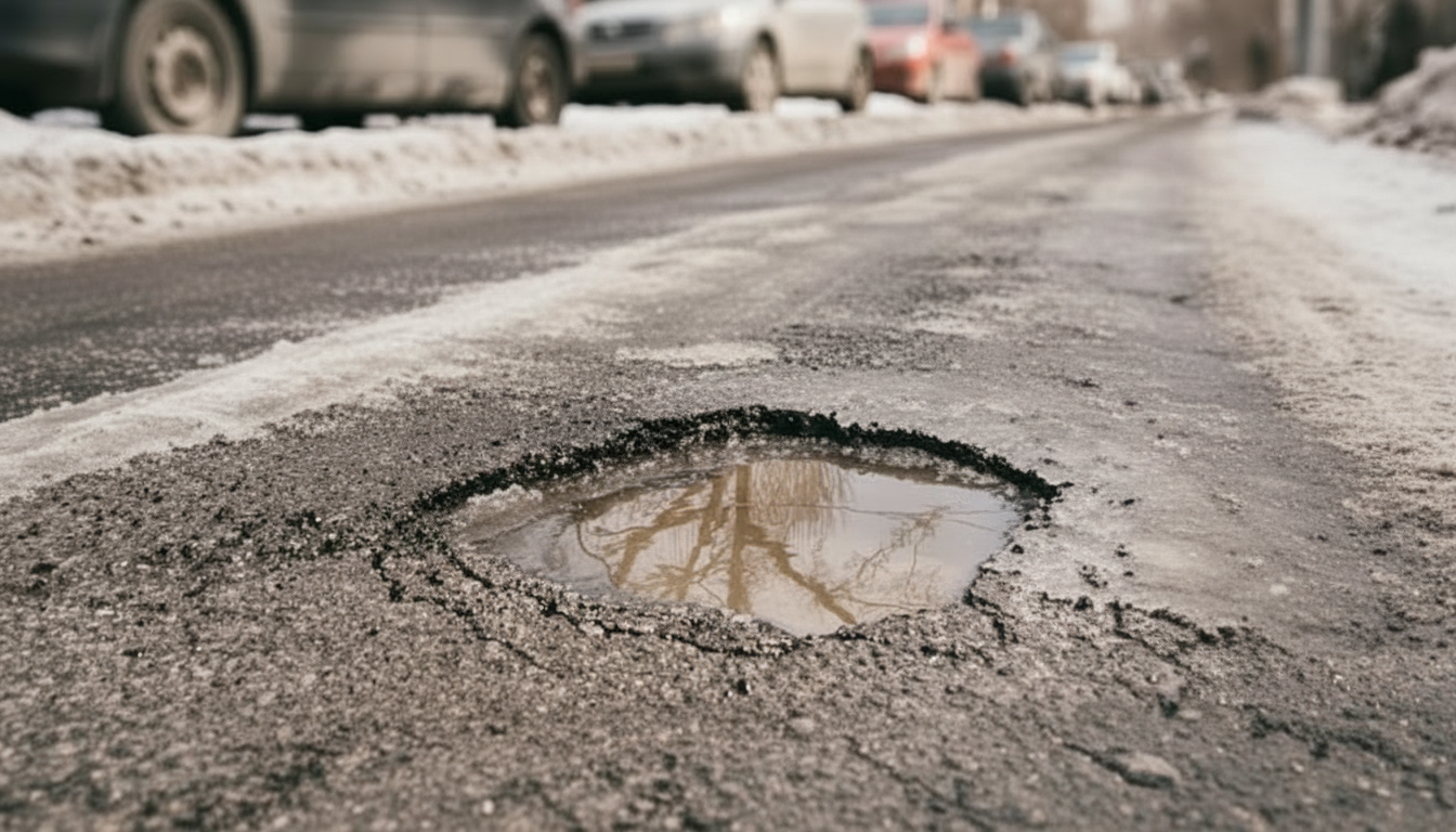 Close-up of a fresh pothole showing water damage and cracked edges Close-up of a fresh pothole showing water damage and cracked edges