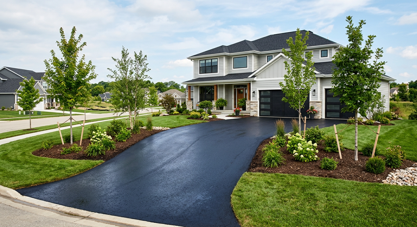 Freshly paved asphalt driveway in a residential neighborhood