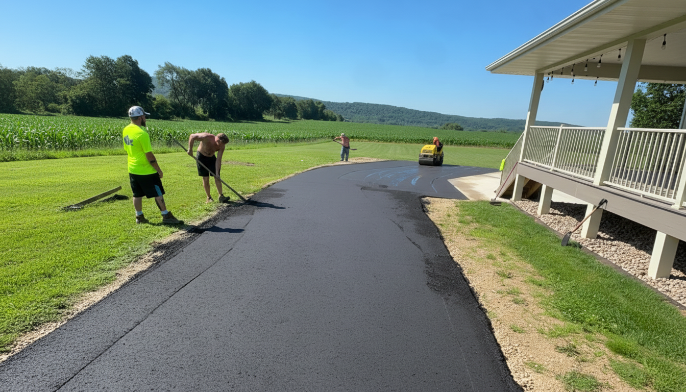 Wells Asphalt Paving crew installing residential driveway in Madison neighborhood showing proper base preparation and asphalt application