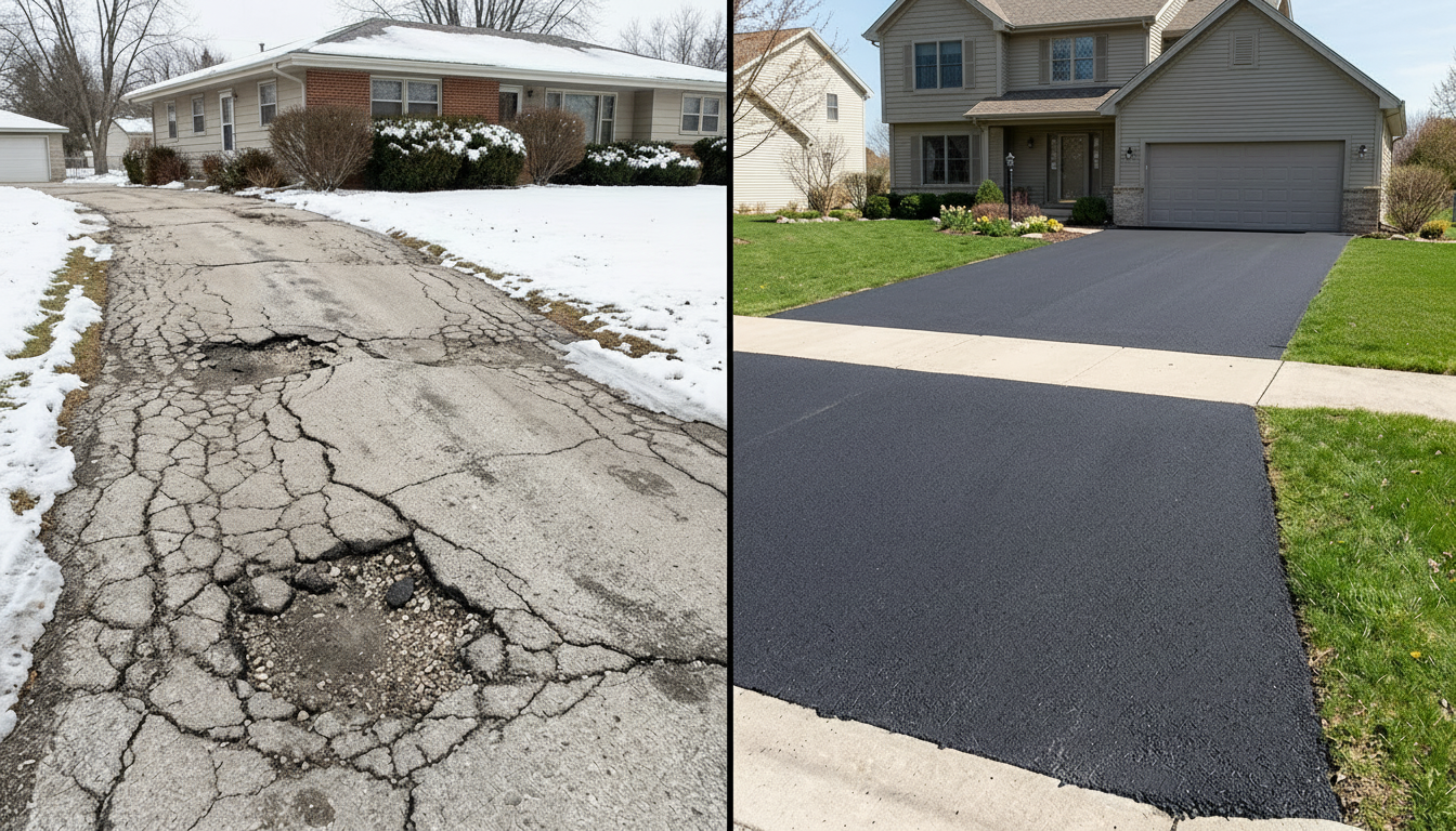 Before and after comparison of Wisconsin asphalt driveways showing frost damage versus proper installation