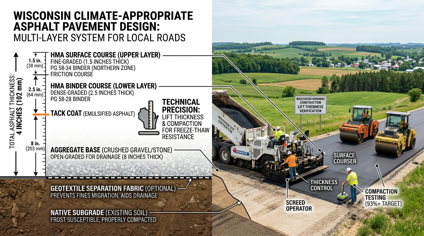 Cross-section view of proper asphalt thickness layers being installed in Wisconsin