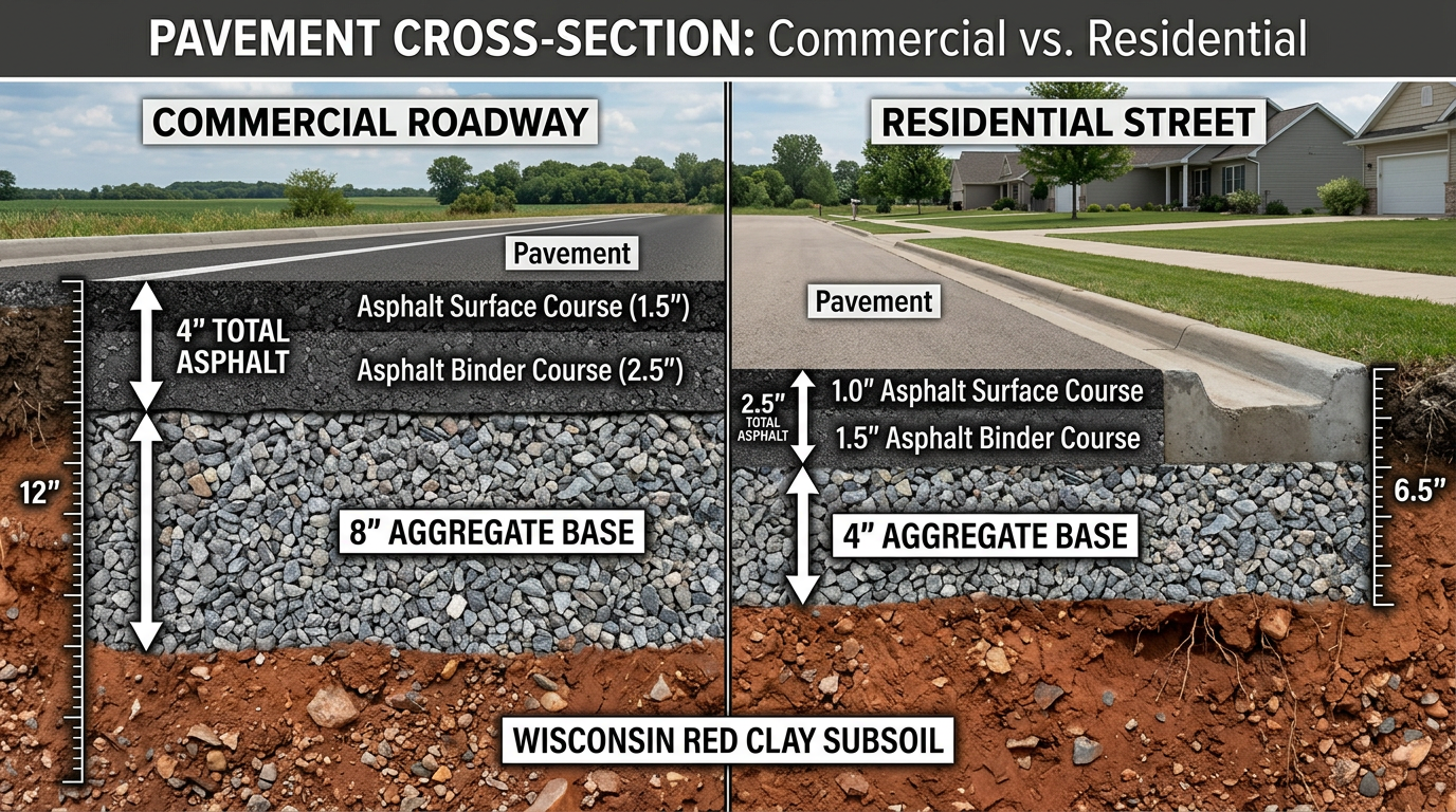 Cross-section diagram showing thickness differences between commercial and residential asphalt paving layers