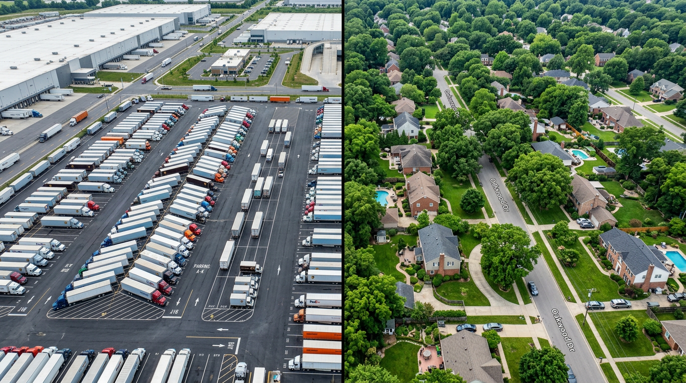 Aerial comparison of commercial parking lot with heavy vehicles versus residential neighborhood driveways in Madison