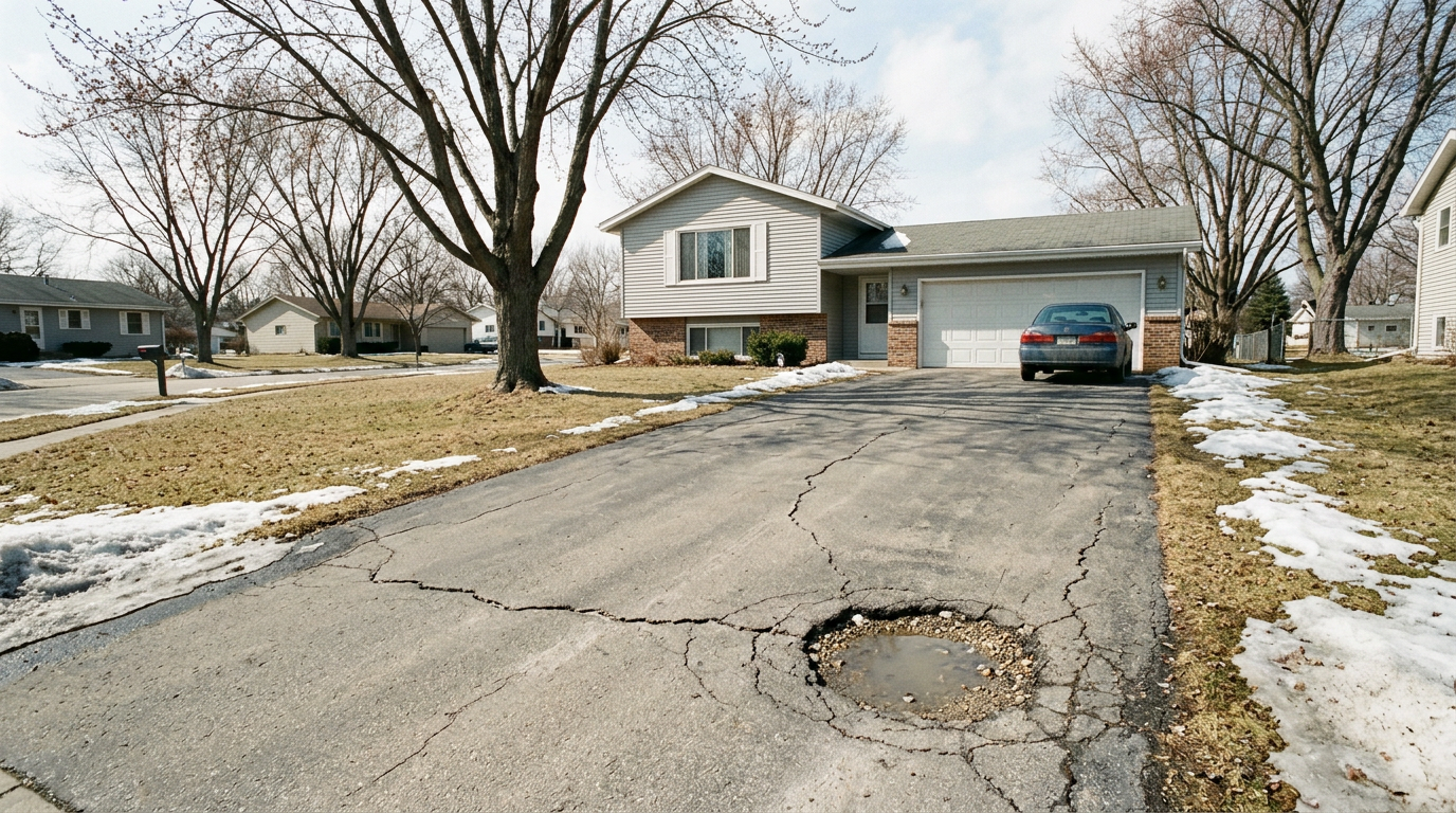  Cracked asphalt driveway with winter damage in Dane County residential neighborhood