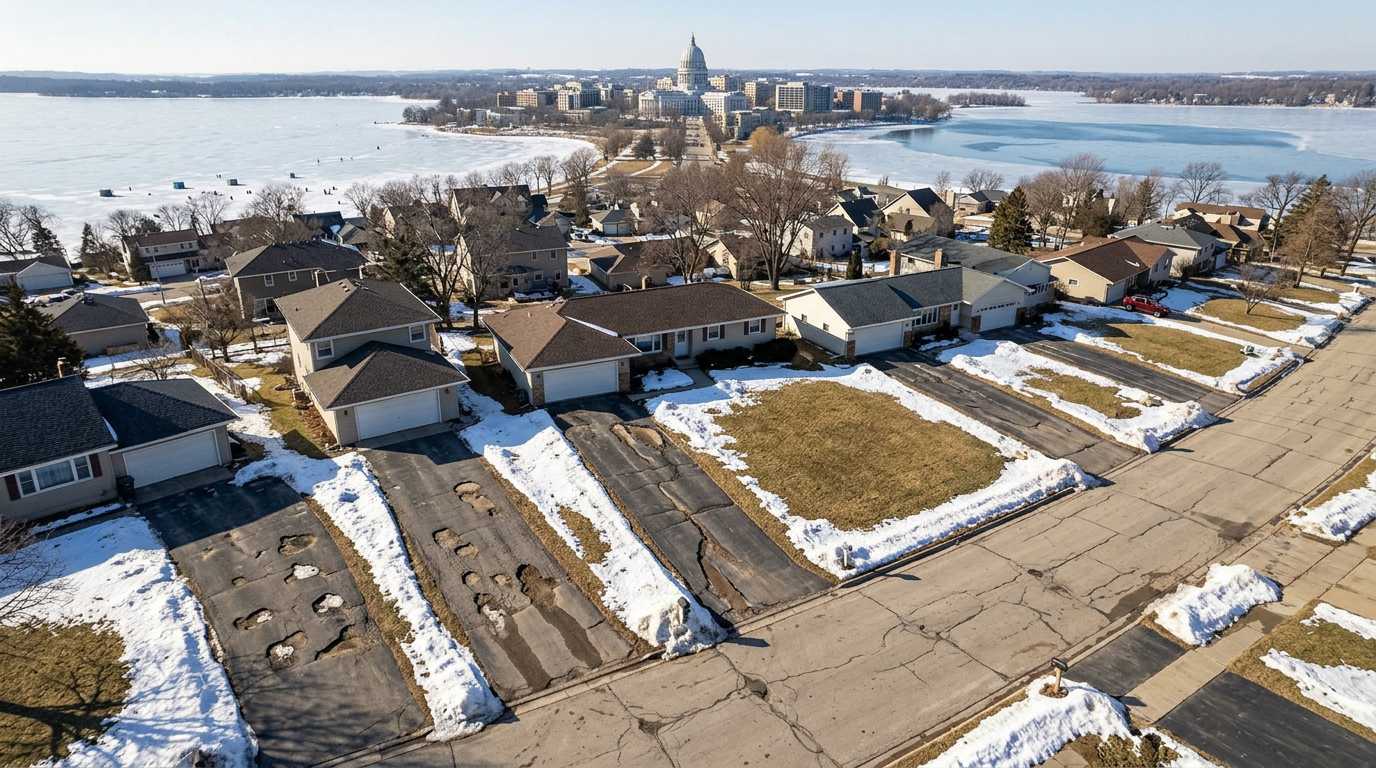 Dane County neighborhood driveways showing typical winter damage with Madison skyline