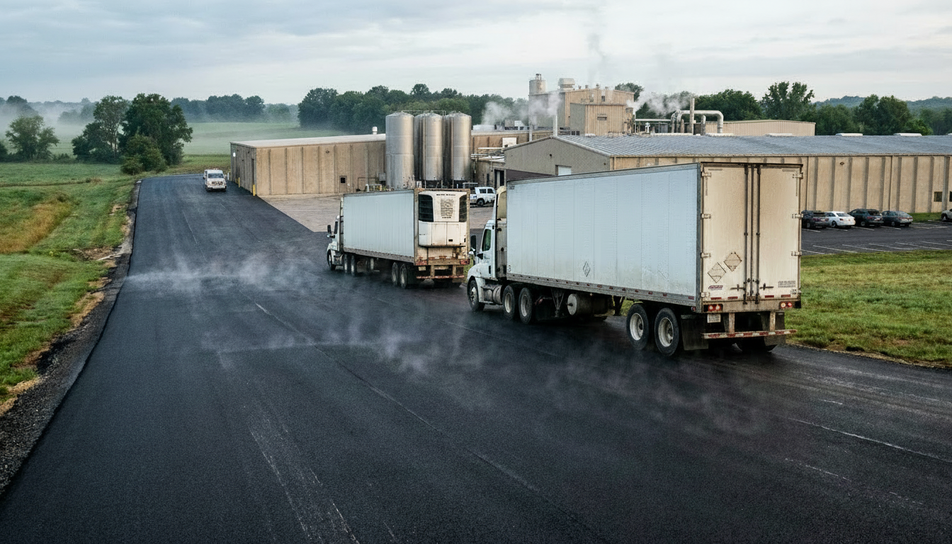 Heavy cheese delivery trucks navigate a freshly paved industrial road leading to Monroe's cheese manufacturing facilities. The new black asphalt surface handles the substantial weight of multiple large trucks while maintaining smooth, even texture. Steam rises slightly from the warm pavement in the cool morning air.