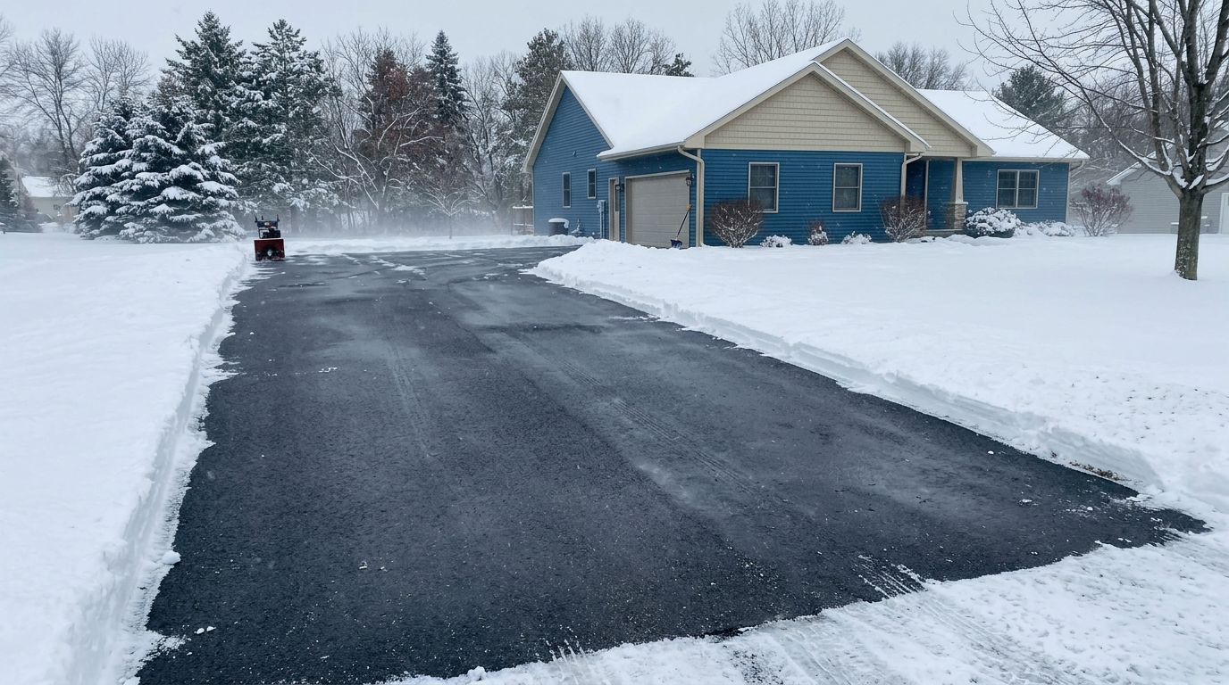 A snow-covered residential driveway in Monroe shows how quality asphalt installation handles Wisconsin winters, with clean snow removal revealing the intact pavement surface beneath.
