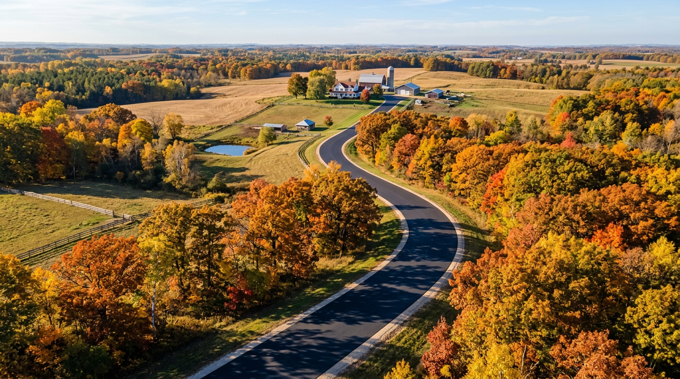 A sweeping aerial view of a pristine black asphalt driveway curving through rolling Wisconsin countryside, flanked by mature oak trees with autumn foliage. The driveway extends from a charming farmhouse in the distance toward the camera, showcasing the impressive length typical of rural properties. Morning sunlight creates dramatic shadows across the perfectly smooth pavement surface.