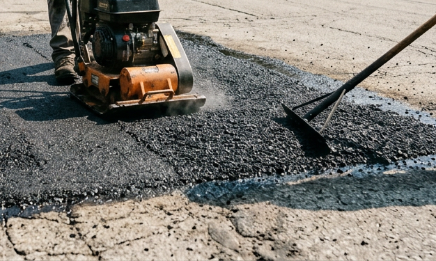 Hot asphalt repair work in progress showing professional patching technique