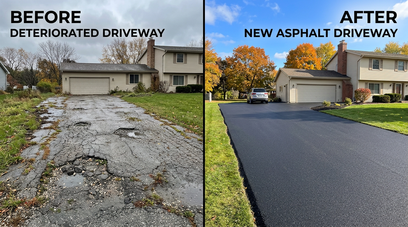 Split comparison of damaged asphalt driveway versus newly paved replacement showing repair vs replace decision
