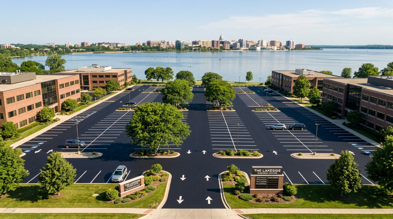 Aerial view of professionally paved commercial parking lot in Lake Monona area business district