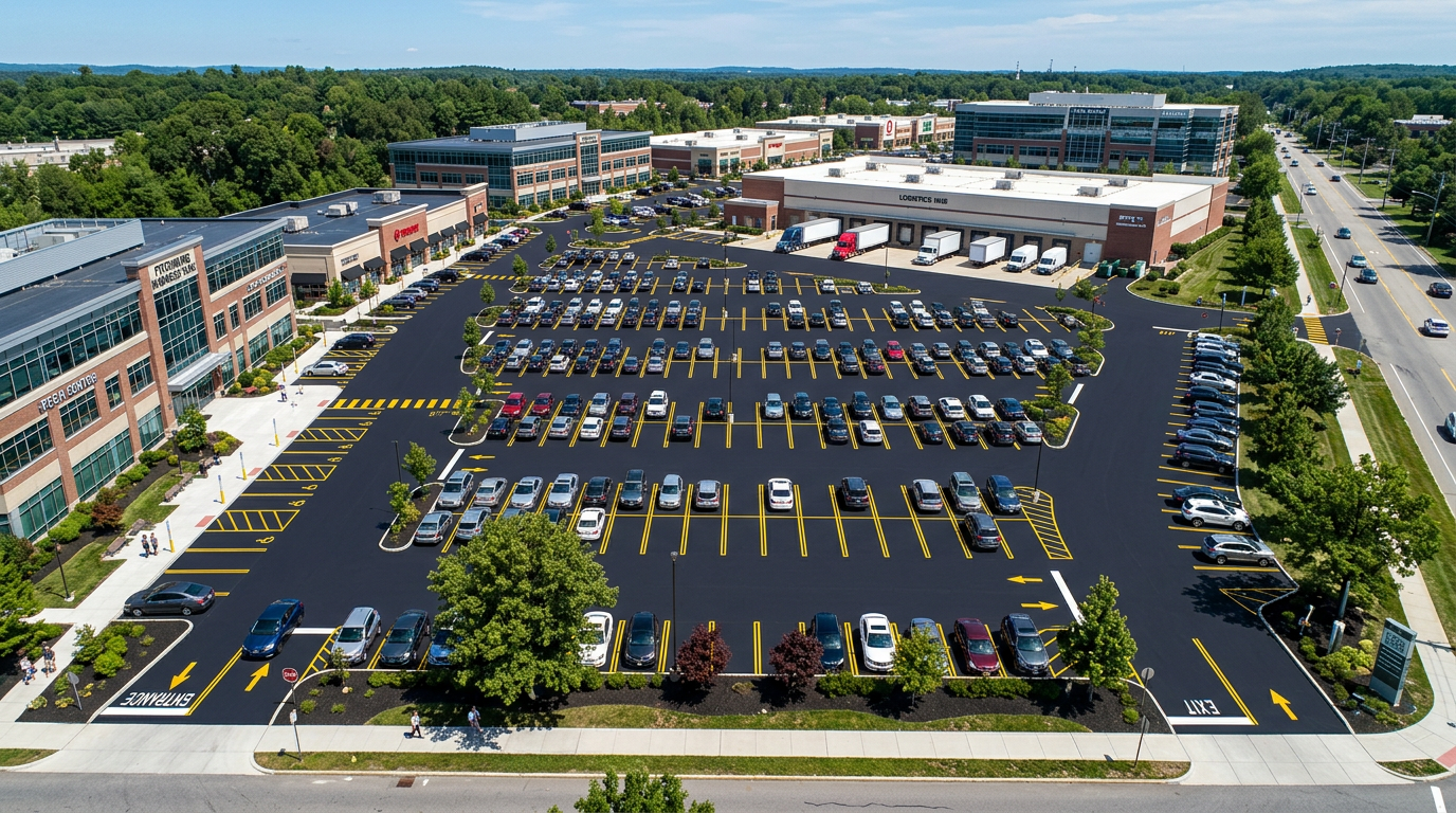 Aerial view of professionally paved commercial parking lot in Fitchburg with proper striping and drainage