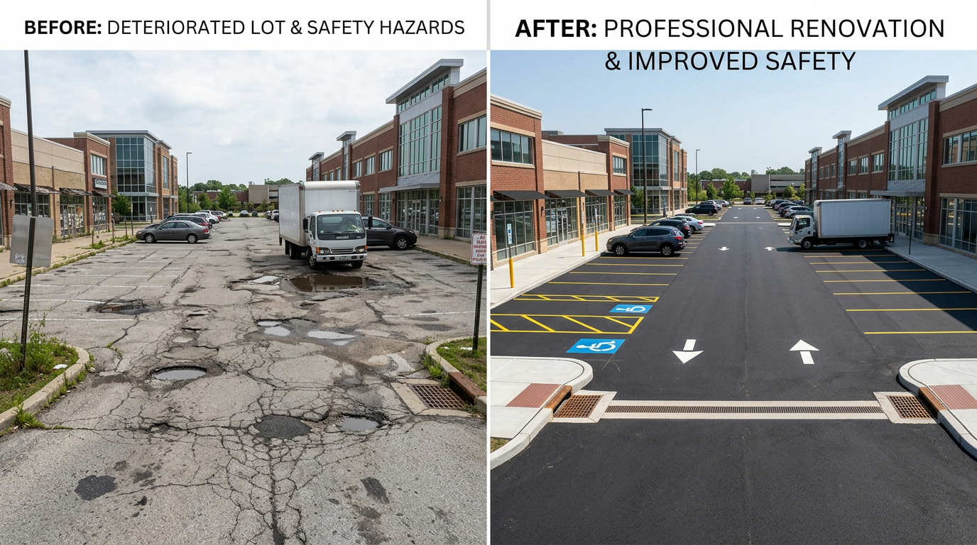Before and after comparison of Fitchburg commercial lot renovation showing dramatic pavement improvement