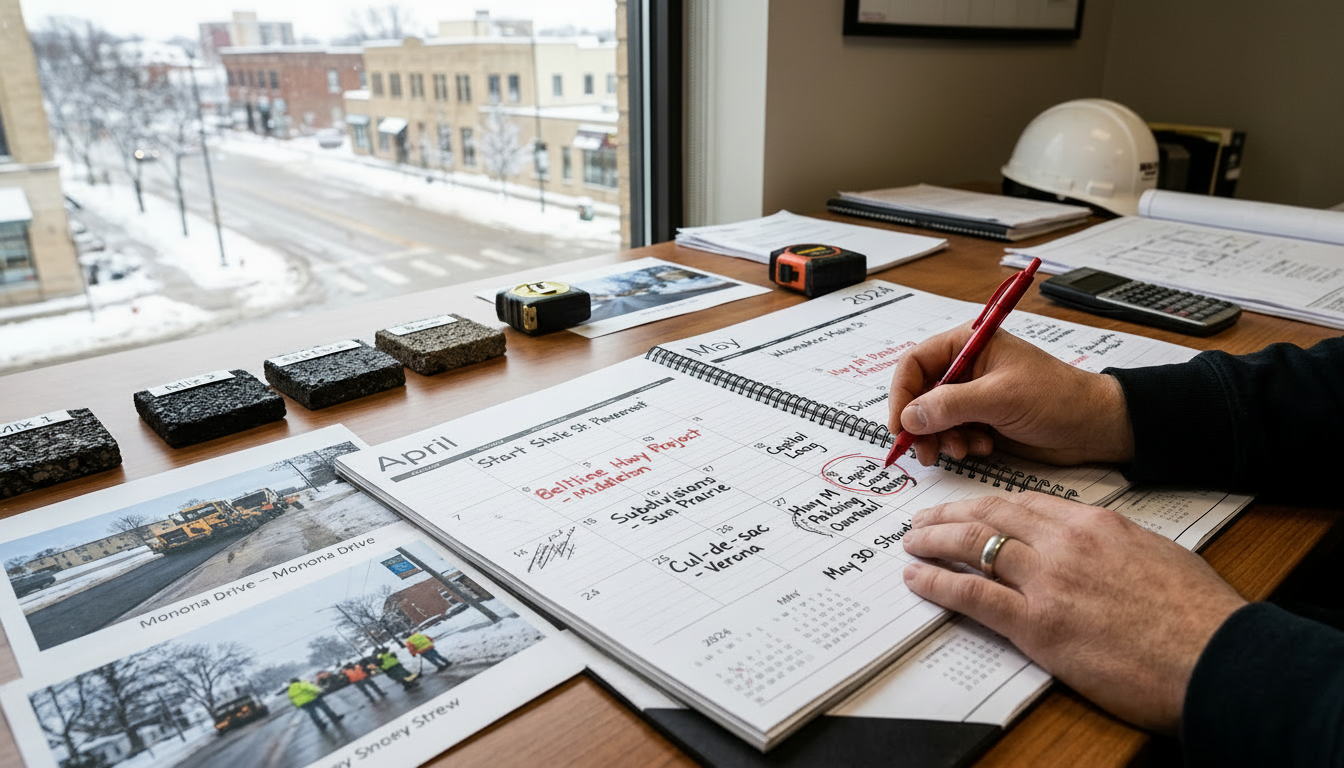 Spring paving schedule being planned at Wells Asphalt office with Madison area project dates