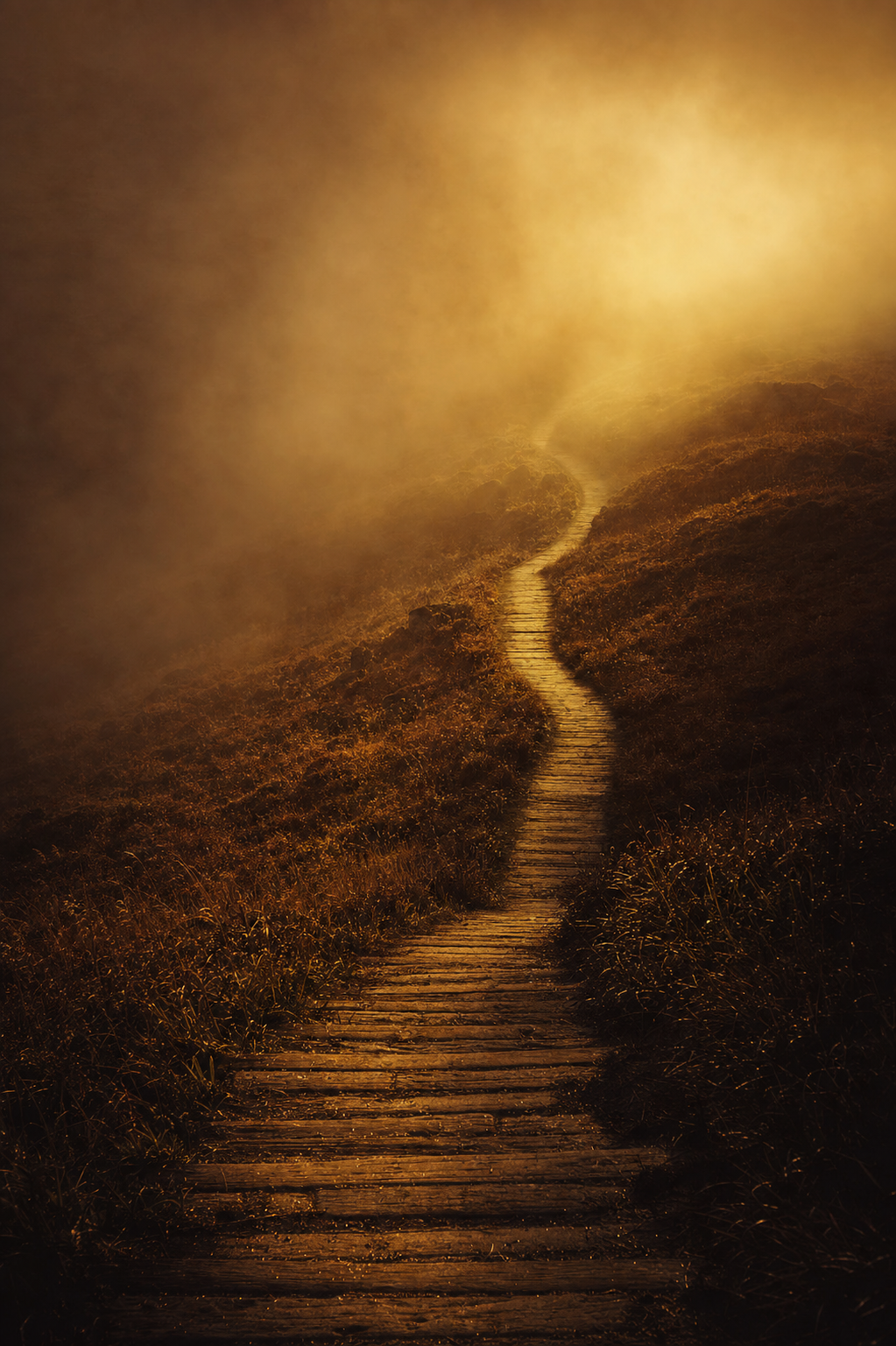 A path leading upward into golden light, symbolizing transformation