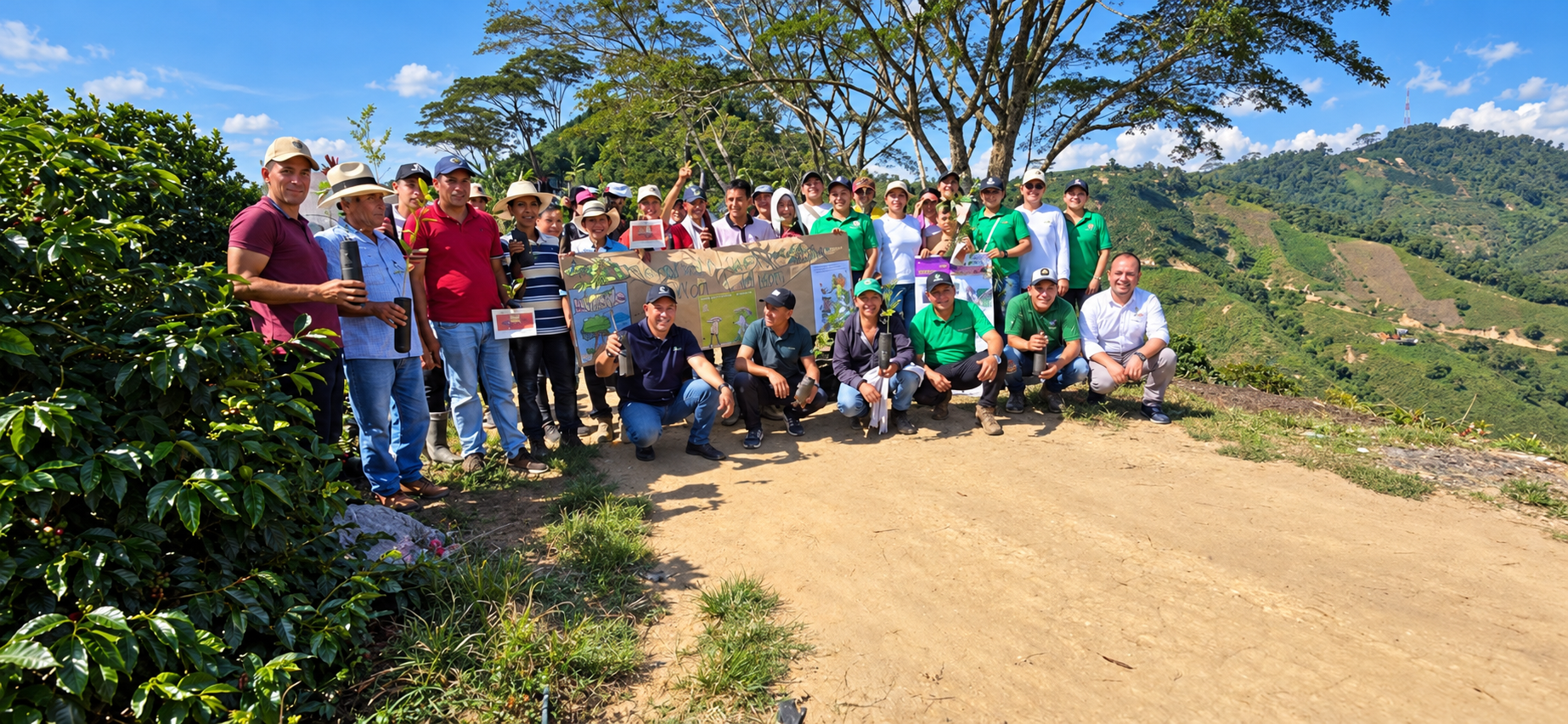 Un grupo de caficultores se reúne en un paisaje rural colombiano.