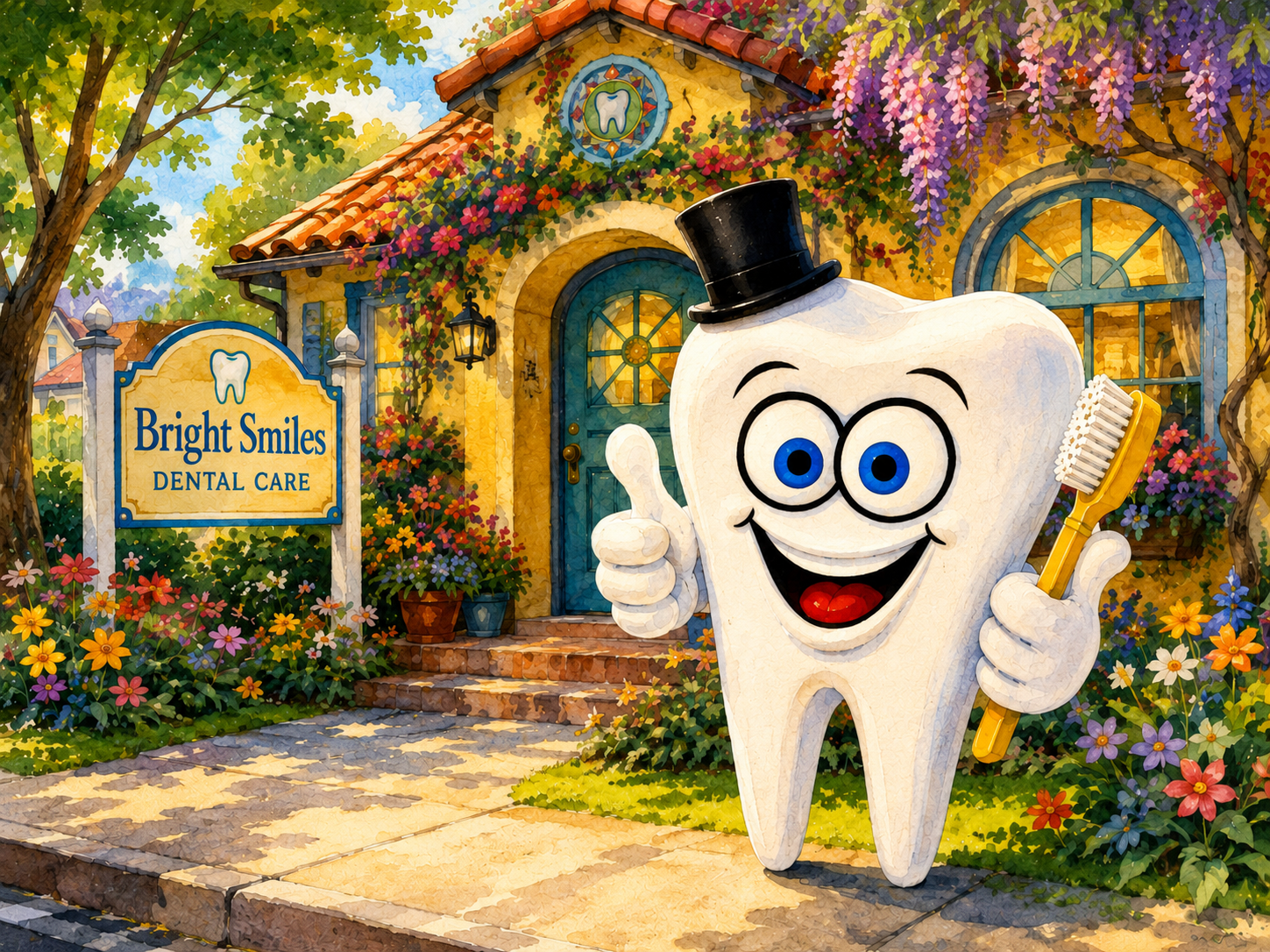 Tooth mascot in color-rich storybook style