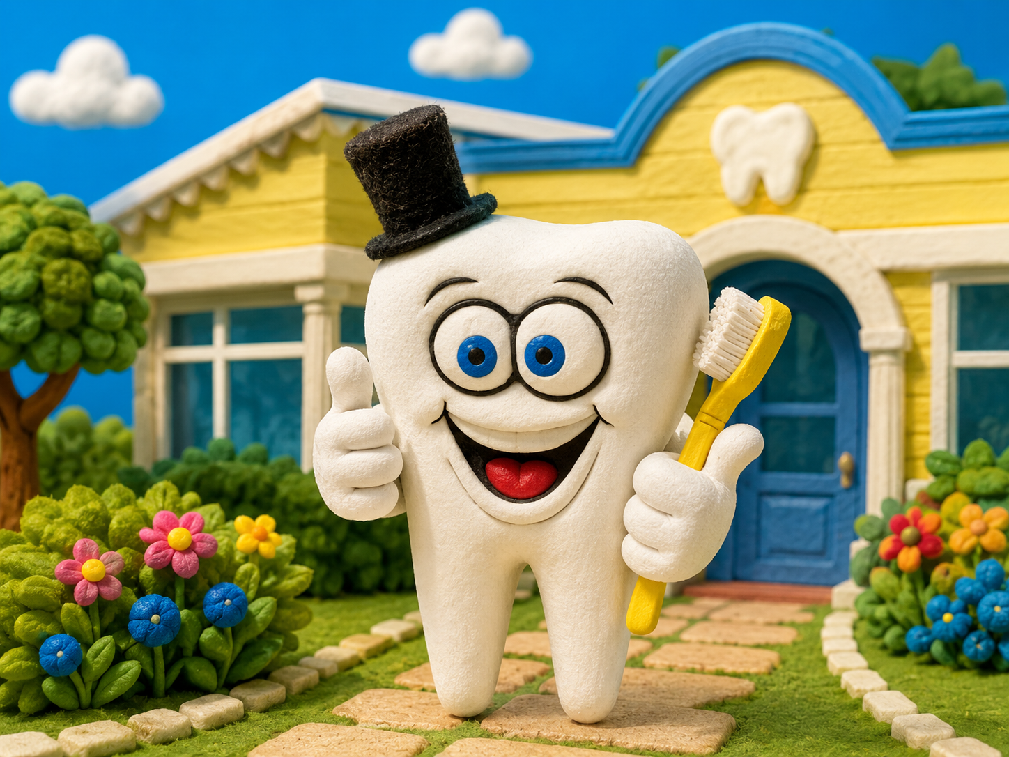 Tooth mascot in bright stop-animation style