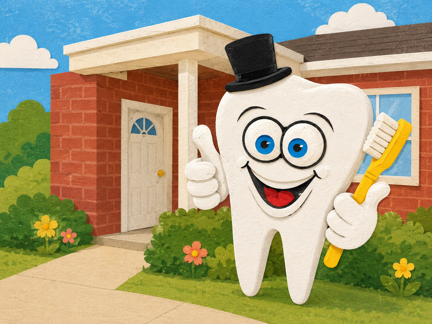 Tooth mascot in handcrafted cut-paper style