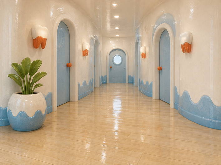 Customized pediatric dental hallway scene