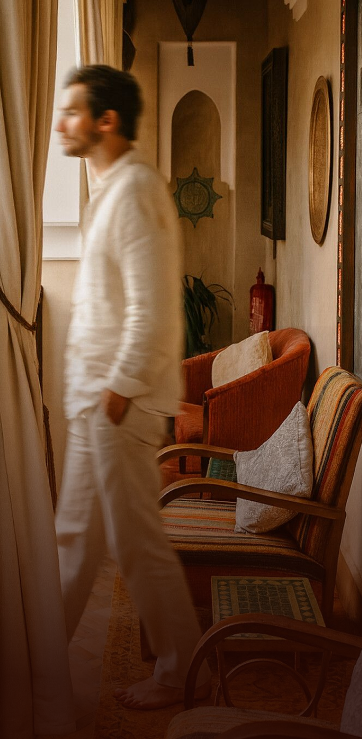 Hospitality inspired interior with a person walking