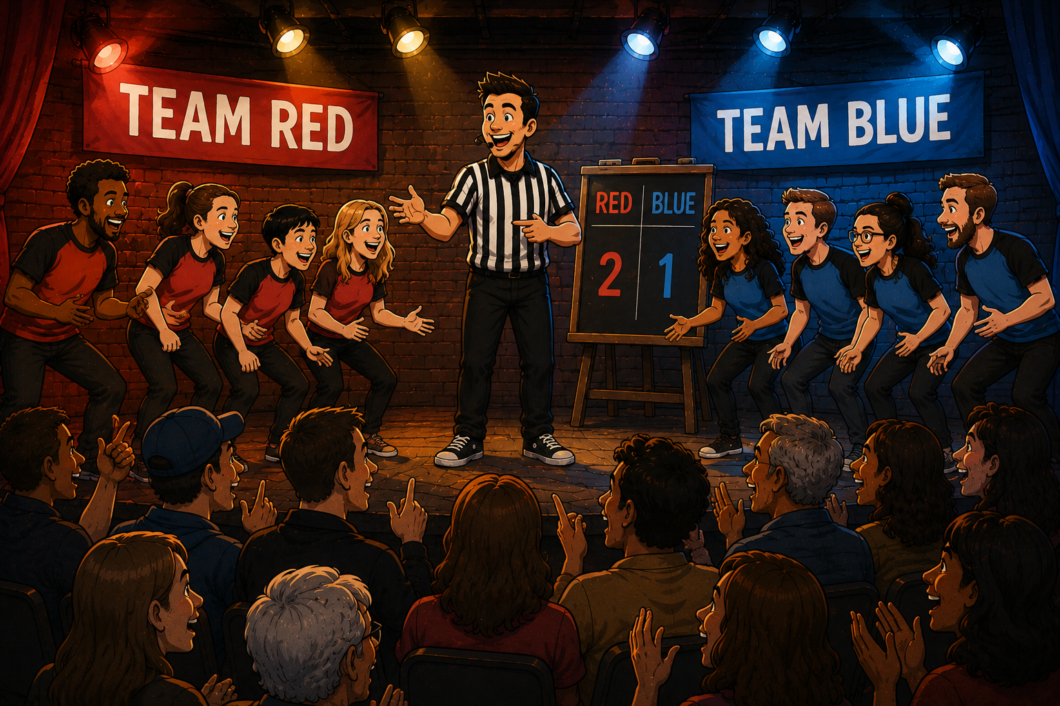 Two improv teams, Team Red and Team Blue, flanking a referee host at a scoreboard on stage