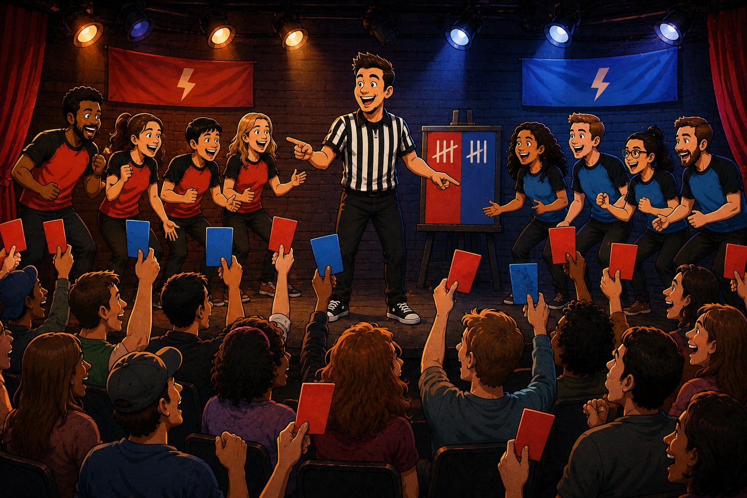 Audience holding up red and blue voting cards during a head-to-head improv round