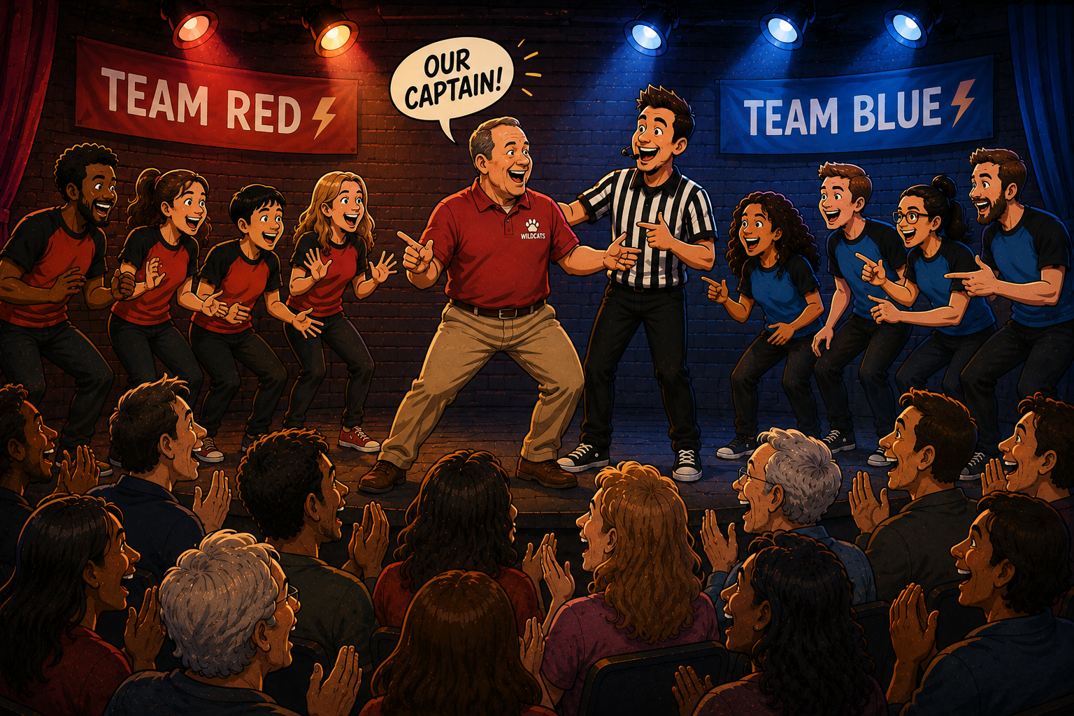 A local coach drafted onstage as team captain, cheered by cast and audience