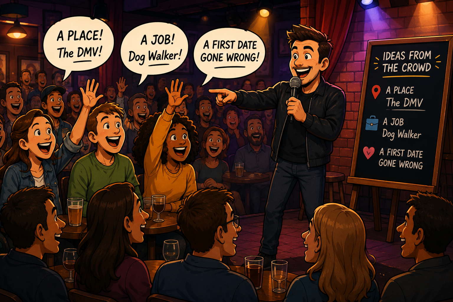 Illustration of a crowd shouting suggestions to the host