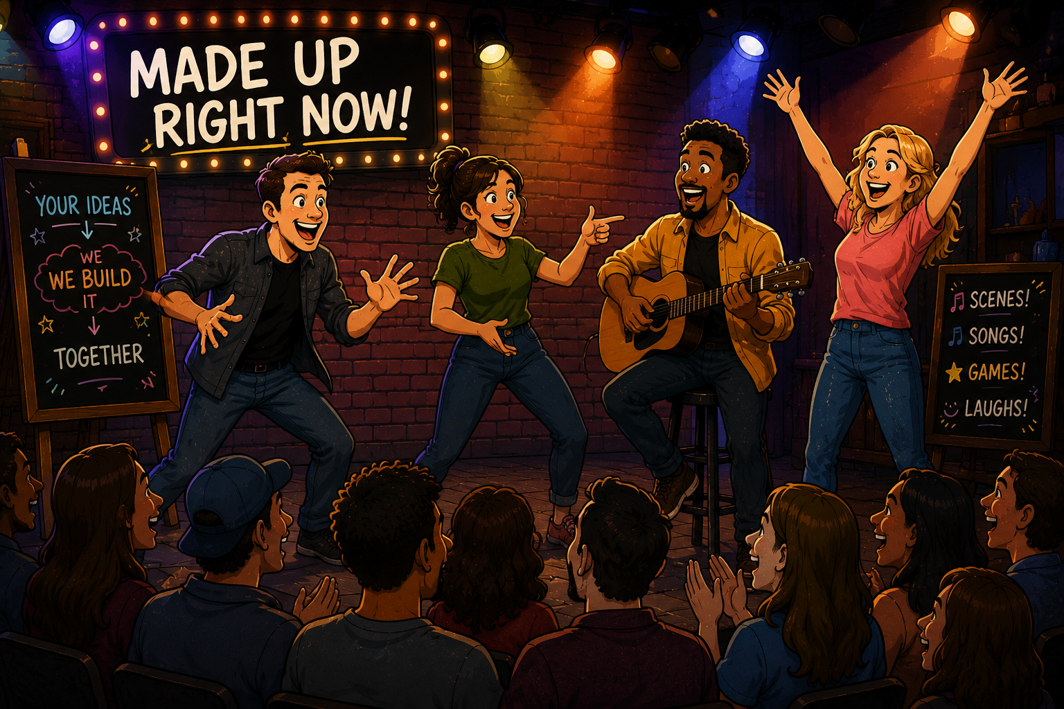 Illustration of performers building a scene live on stage