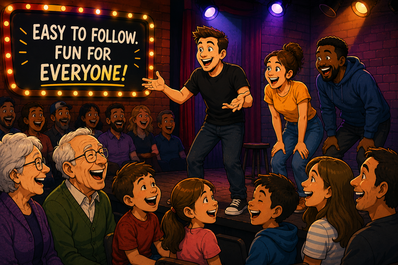 Illustration of an all-ages audience laughing together at the show