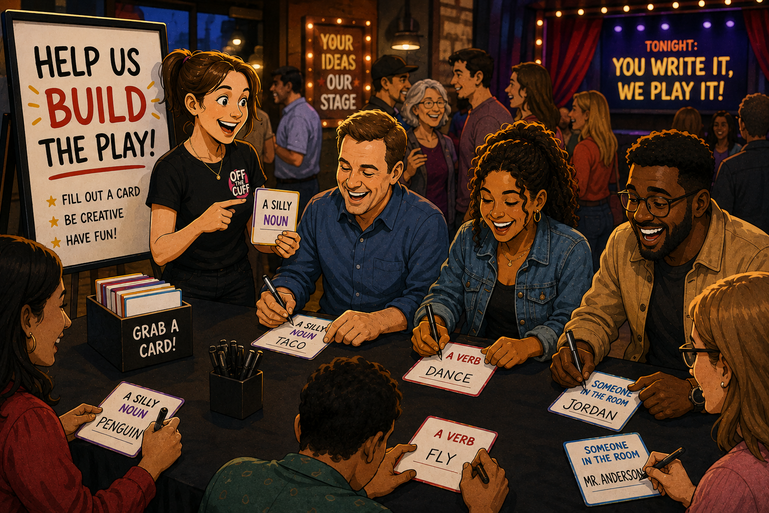 Guests at a table filling in word cards before the show