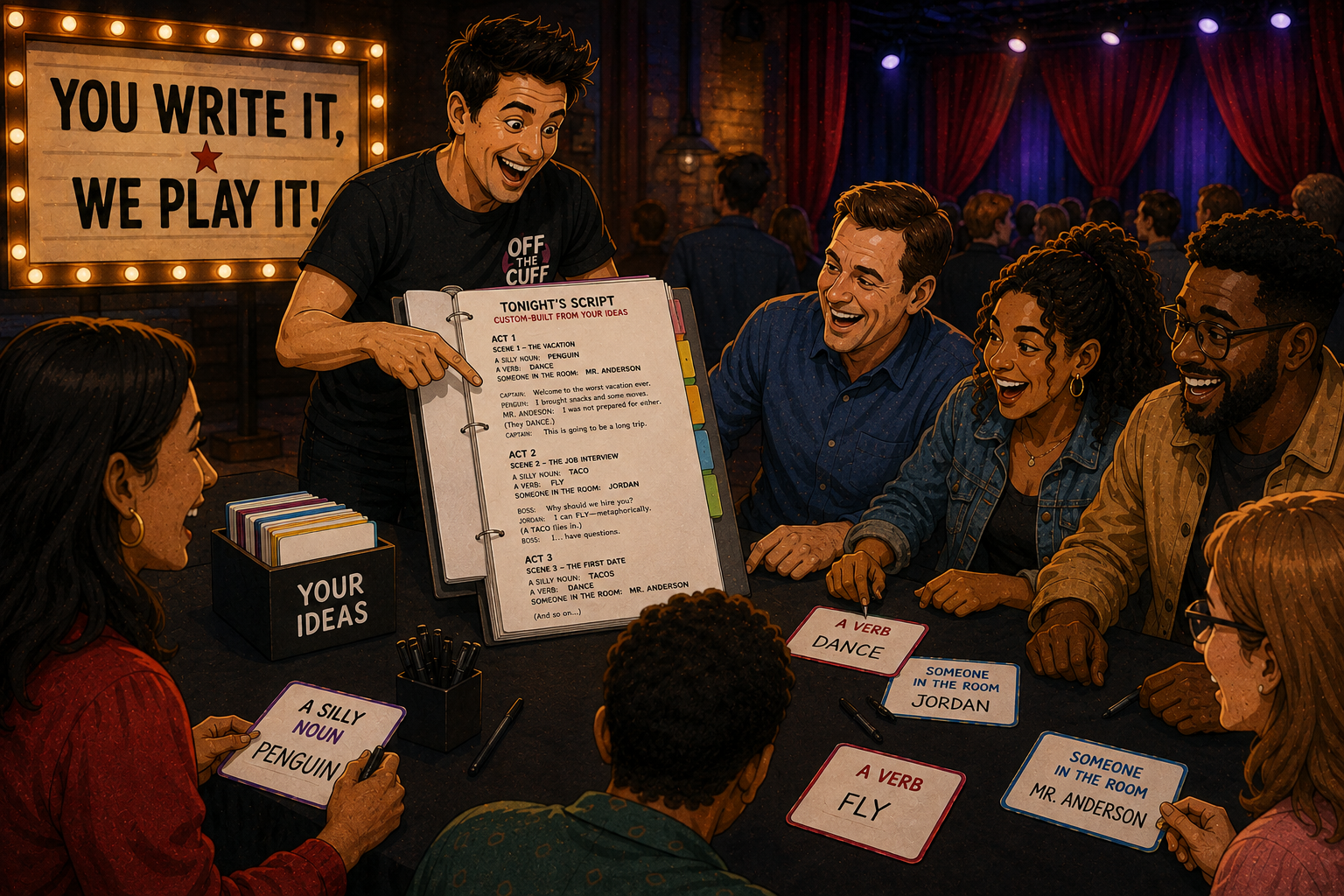 A host showing the custom-built script made from the audience's words