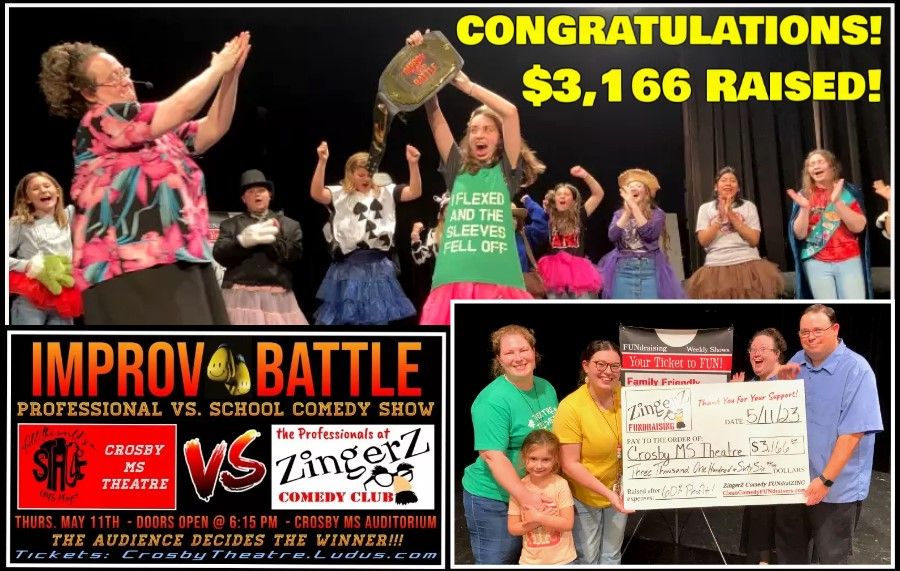 Theatre students celebrating $3,166 raised at an Improv Battle fundraiser