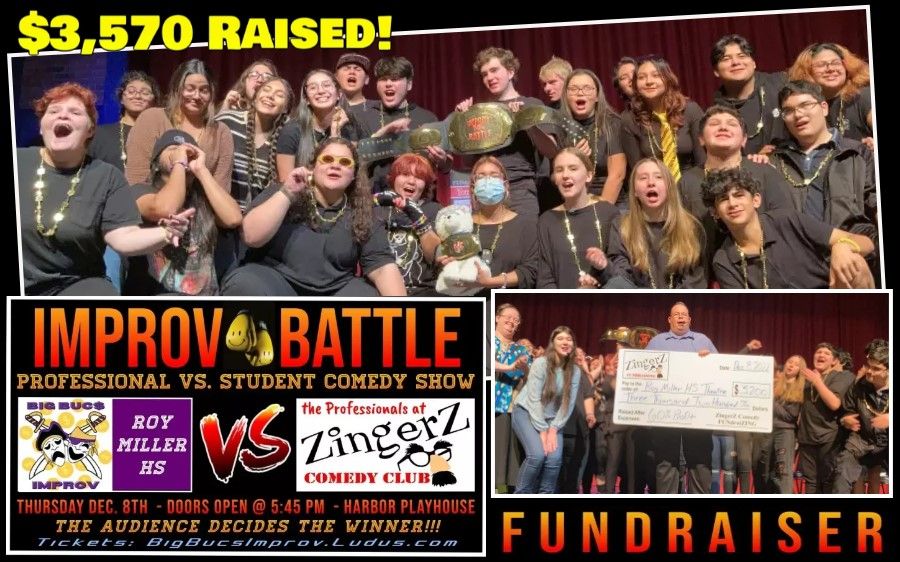 Theatre students celebrating $3,570 raised at an Improv Battle fundraiser