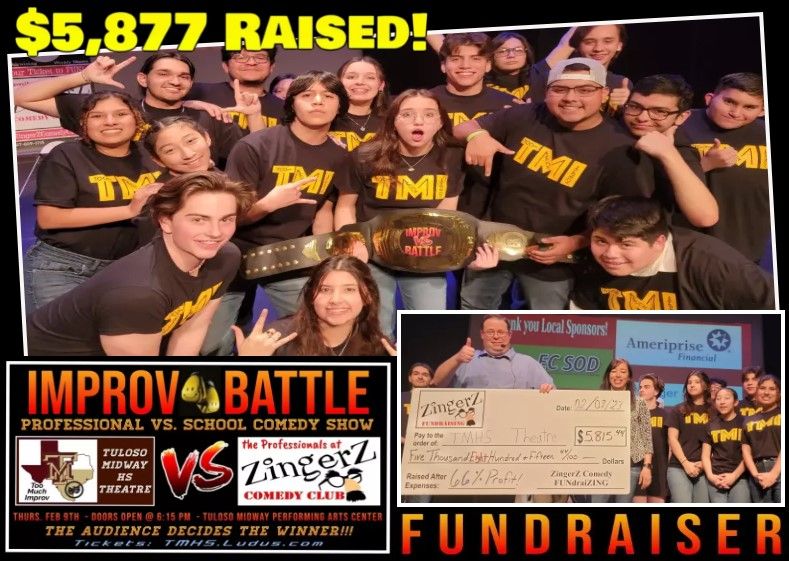 Theatre students celebrating $5,877 raised at an Improv Battle fundraiser