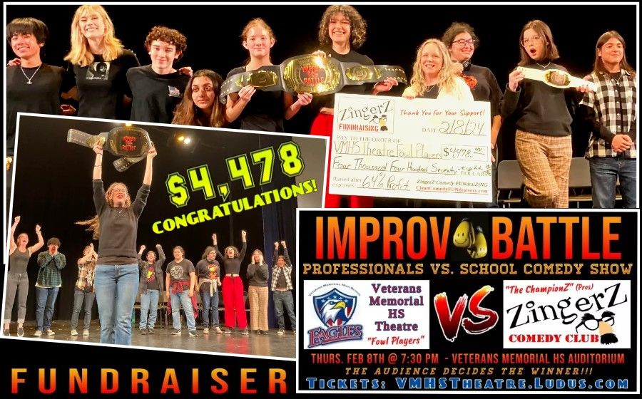 Veterans Memorial HS Theatre celebrating $4,478 raised at an Improv Battle fundraiser